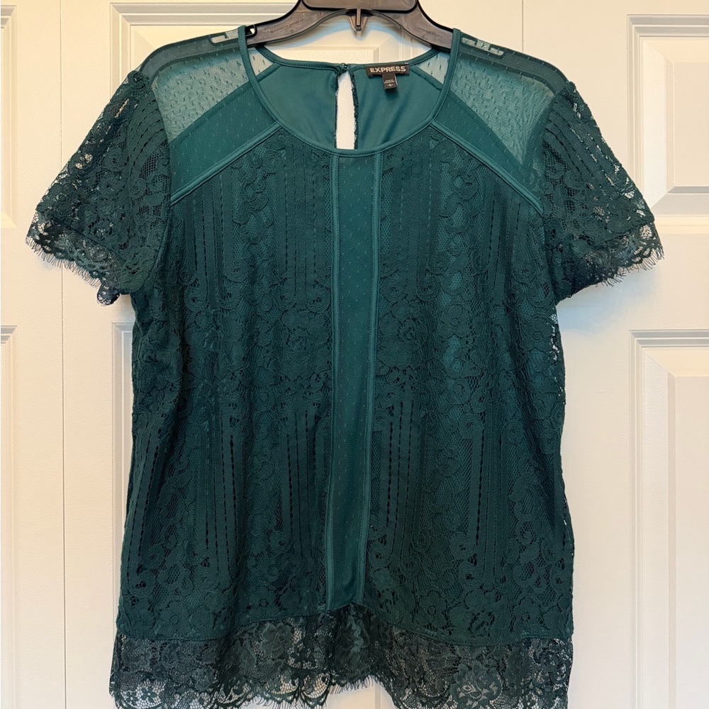 Express Women's Green Lace Short-Sleeve Blouse